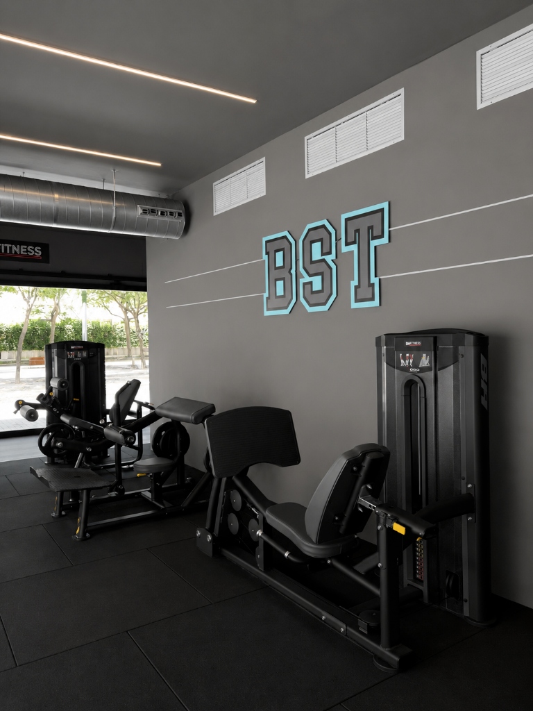 Leg curl machine with blue outline BST logo on wall