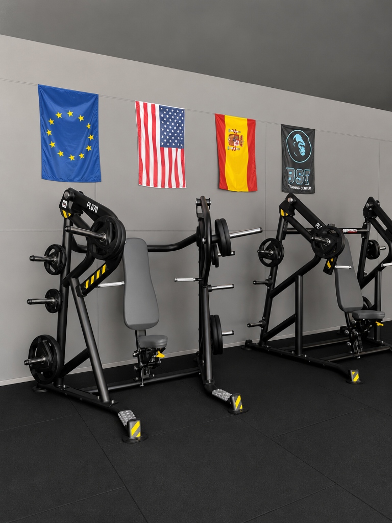 Chest press machines with flags on wall