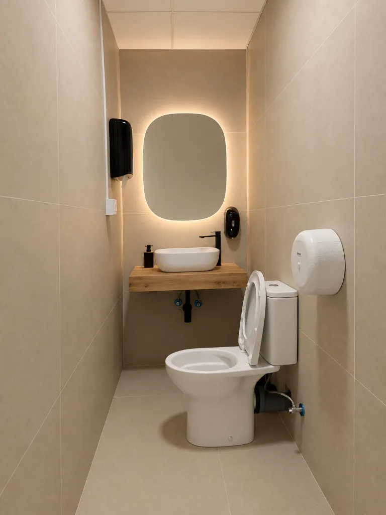 Private washroom with backlit mirror, sink, and modern fittings